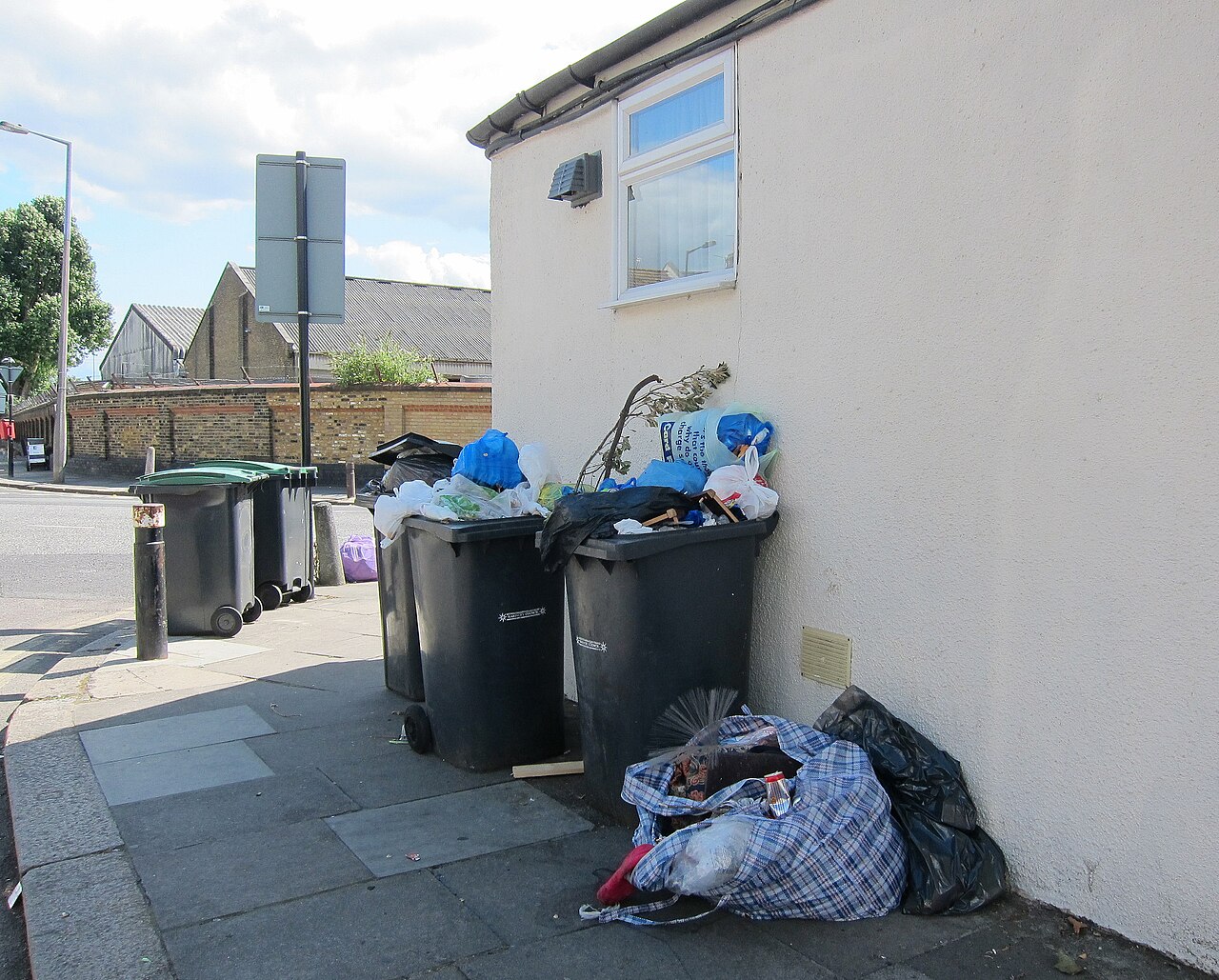 Residential wheeled trash bins at a suburban street corner