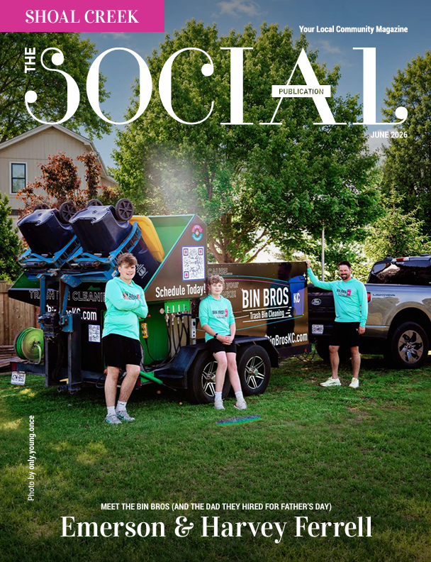 The Social Publication June 2026 cover: Emerson and Harvey Ferrell with their dad and the Bin Bros KC cleaning trailer