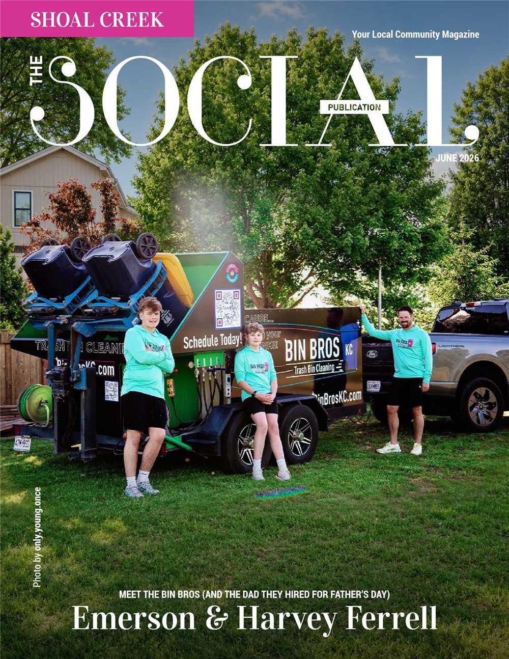 The Social Publication Shoal Creek June 2026 cover featuring the Bin Bros KC crew with their trash bin cleaning trailer