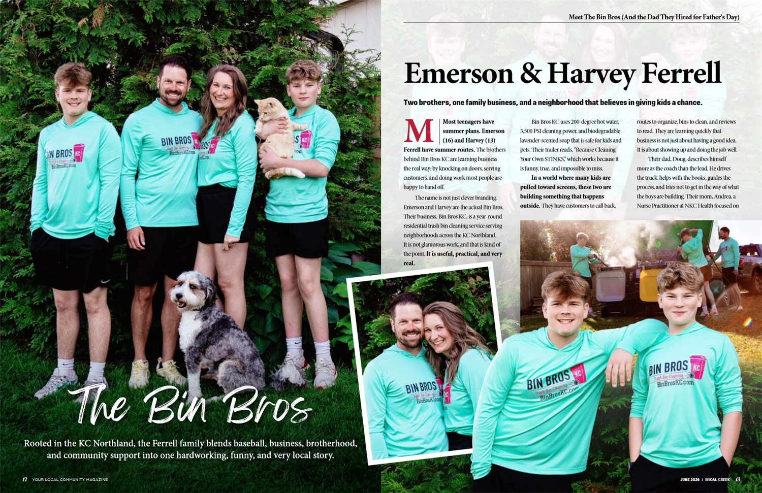 Inside spread of The Social Publication's June 2026 Shoal Creek edition featuring the Bin Bros KC story